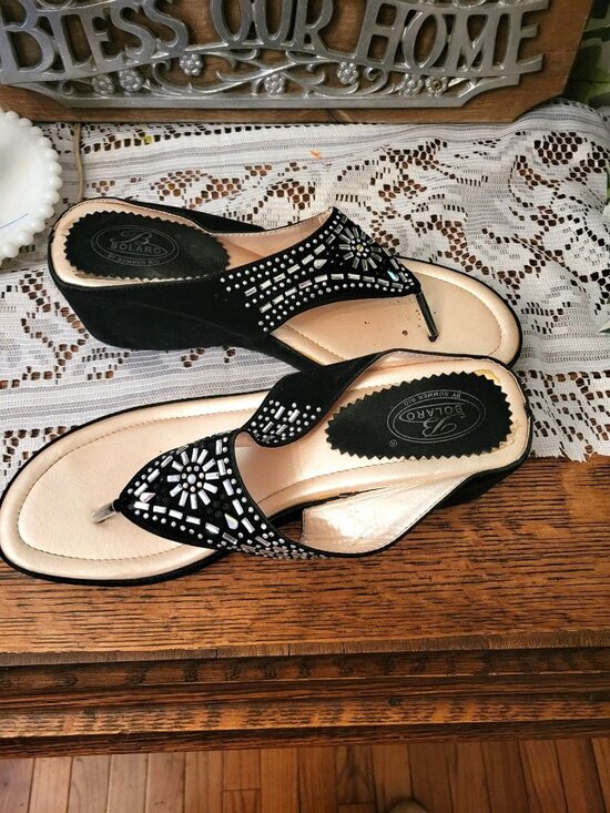 Shoes - Bolaro Black Velvet Wedge Thong Platform Sandals Jewels 10 Whimsygoth Festival